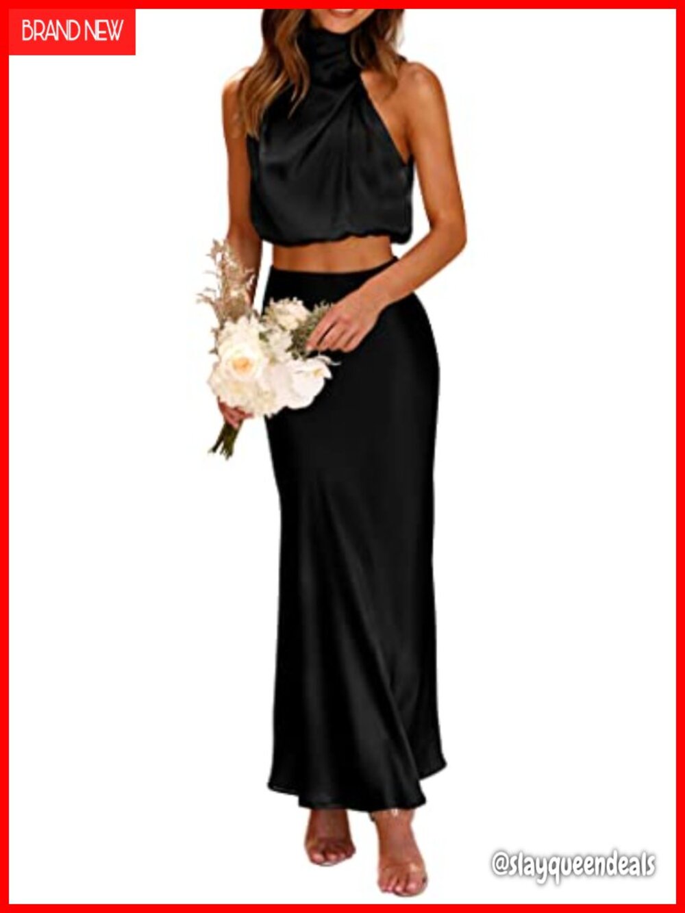 Satin 2 Piece Outfit Mock Neck Crop Top High Waist Maxi Skirt Set